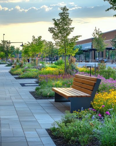 Empty bench inviting shoppers to relax amidst colorful flowers and lush greenery in a contemporary outdoor mall