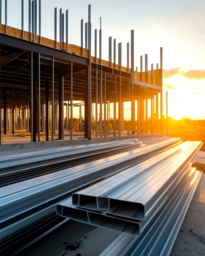 A serene image of a residential steel frame house under construction, with prefabricated steel components being carefully installed for a durable and sustainable home. --ar 3:2 --style raw --profile wio6jg9 --v 6.1 Job ID: 8a894204-b9b6-43fd-8145-b0888406bd1b