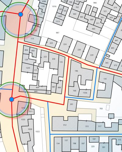 Plant network with city aqueduct concept with imaginaty cadastral map, hydraulic system lines and problem areas with drinking water leaks highlighted by circles