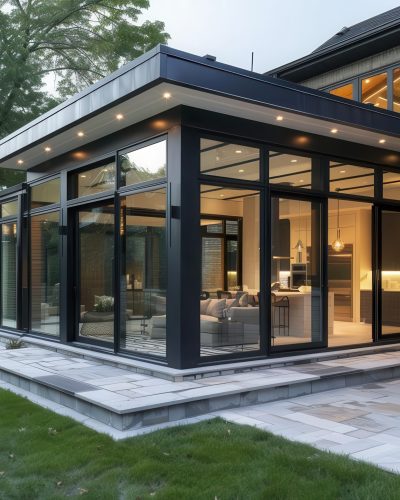 modern aluminum veranda extension seamlessly blending with a contemporary home exterior clean lines large glass panels and sleek metal framing create an elegant indooroutdoor living space